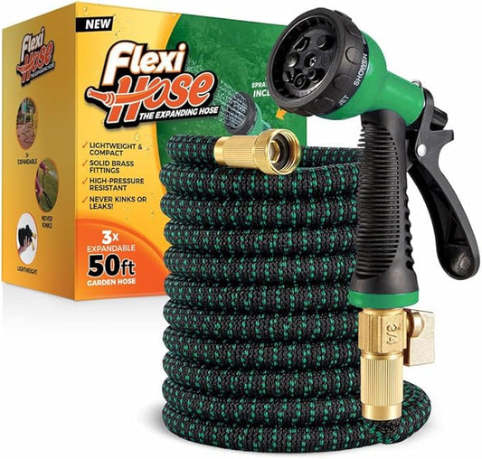 Flexi Hose with 8 Function Nozzle, 50FT - Lightweight Expandable Garden Hose, No-Kink Flexibility, 3/4 Inch Solid Brass Fittings and Double Latex Core - Black and Green
