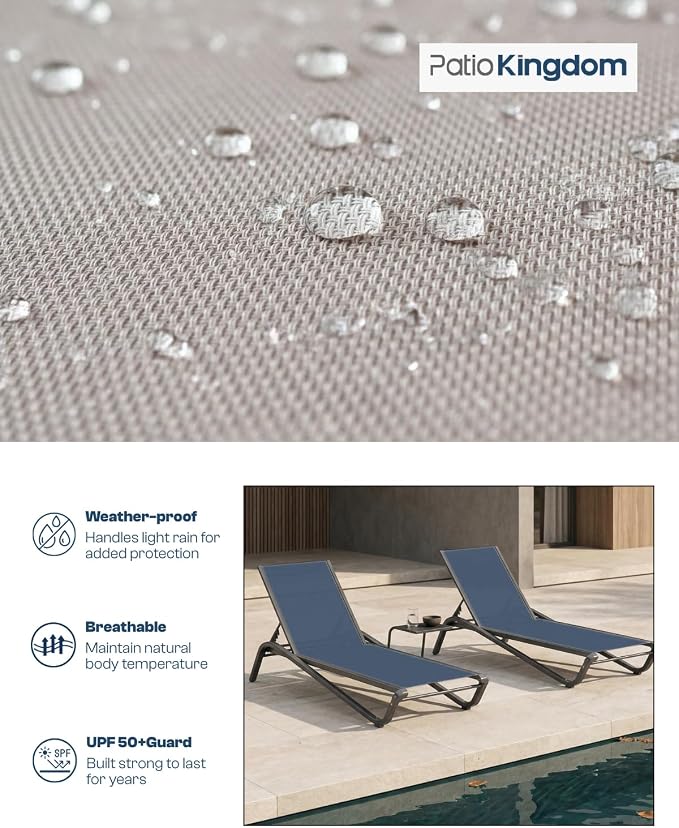 3-Piece Patio Chaise Lounge Set with Side Table, Set of 2 Adjustable Pool Chairs and Aluminum Bistro Table, All-Weather Outdoor Furniture for Pool Deck, Patio & Tanning, Navy Blue