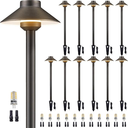Gardenreet Brass Low Voltage Path Lights, 12V Landscaping Pathway Light IP65 Waterproof, Wired Walkway Lighting Outdoor, LED Bronze for Lawn Backyard with 3W 3000K Soft White G4 Bulb (12 Pack)