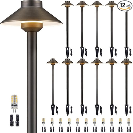 Gardenreet Solid Cast Brass Pathway Lighting - 12v Landscape Path Light Outdoor Waterproof, Electric Walkway Lights Wired, Hat Shape Bronze Garden Decoration with 3W Neutral White G4 Bulb (12 Pack)