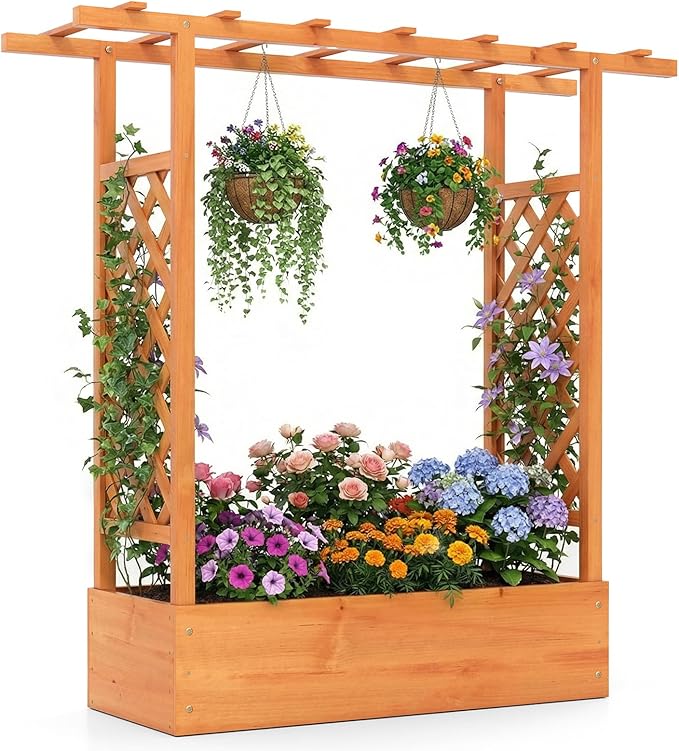 S AFSTAR Raised Garden Bed with Trellis, 2-in-1 Fir Wood Planter Box with Flat Roof & Drainage Holes, Vertical Planter Raised Bed for Climbing Plants, Flowers & Vegetables, 43" x 14" x 45" (Orange)
