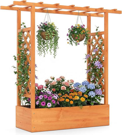 S AFSTAR Raised Garden Bed with Trellis, 2-in-1 Fir Wood Planter Box with Flat Roof & Drainage Holes, Vertical Planter Raised Bed for Climbing Plants, Flowers & Vegetables, 43" x 14" x 45" (Orange)