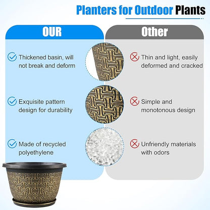 Nooulap 4 Pack 12 Inch Plant Pots,Large-Plant-Flower-Planters-Plastic, Flower Pots Outdoor Indoor with Drainage Holes & Trays, Retro Antique Imitation Decorative Garden Sets for Houseplants
