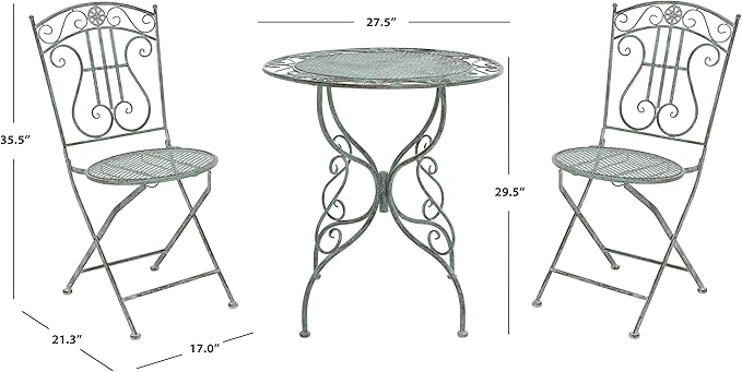 SAFAVIEH Outdoor Collection Semly Victorian Antique Dark Green Wrought Iron 3-Piece Bistro Set