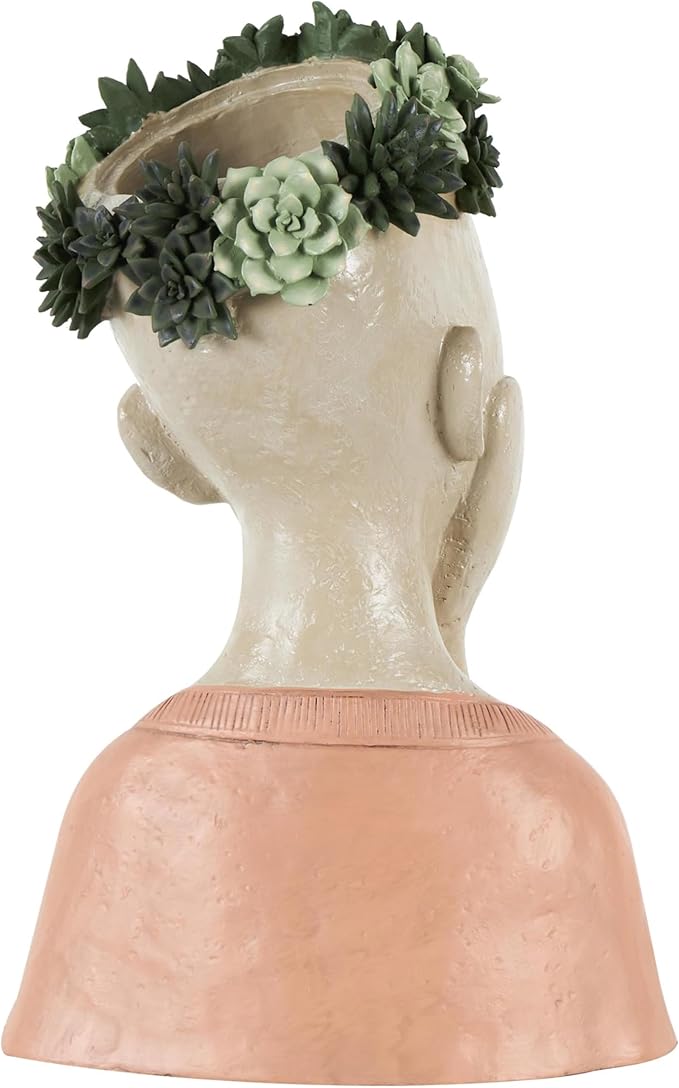 Deco 79 Resin Woman Indoor Outdoor Planter Bust Large Planter Pot with Succulent Crown and Orange Top, Planter 10" x 8" x 17", Beige