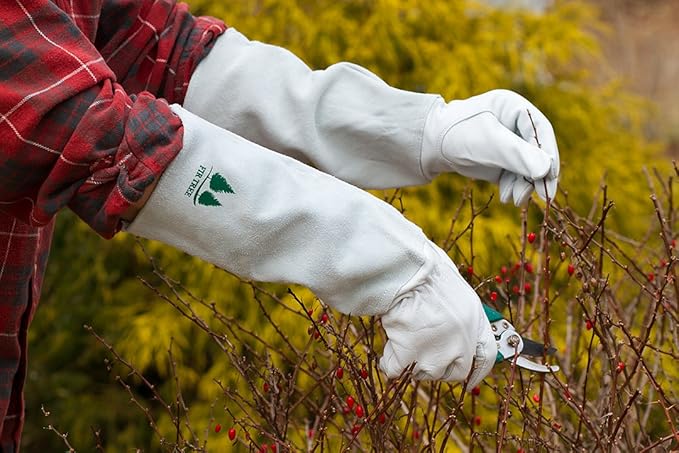 Fir Tree Leather Gardening Gloves for Women & Men - Thorn Proof Goatskin Rose Pruning Gloves with Long Suede Cowhide Gauntlet - Heavy Duty, Puncture Resistance & Washable Work Gloves