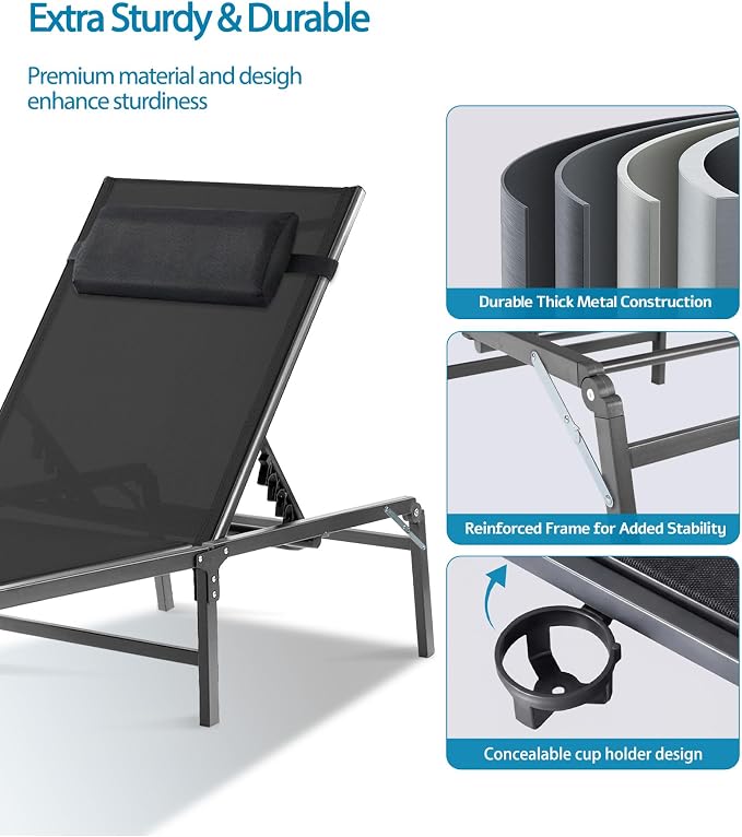 2 Pack Foldable Chaise Lounge Chair with Cup Holder, Assemble-Free Outdoor Lounge Chair with Detachable Pillow and 6 Adjustable Backrest, Patio Lounge Chair for Outside Poolside Beach Pool, Black