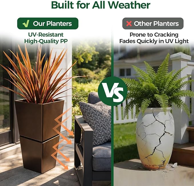 T4U Tall Planter for Outdoor Plants, 24.8 Inch Outdoor Planters for Porch Set of 2, Large Planter for Indoor & Outdoor Plants with Wheels Drainage Plug, Front Porch, Patio, for Home Decor (Dark Brown)