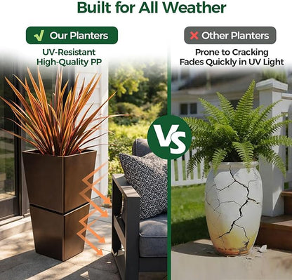 T4U Tall Planter for Outdoor Plants, 24.8 Inch Outdoor Planters for Porch Set of 2, Large Planter for Indoor & Outdoor Plants with Wheels Drainage Plug, Front Porch, Patio, for Home Decor (Dark Brown)