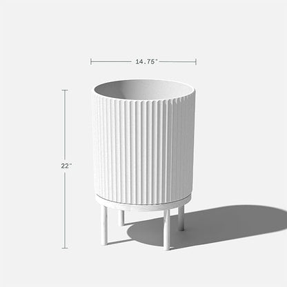 Veradek Demi Series Round Planter w/Stand for Porch/Patio | Durable Plastic-Stone Composite & Wooden Stand | Modern Décor for Tall Plants, Flowers
