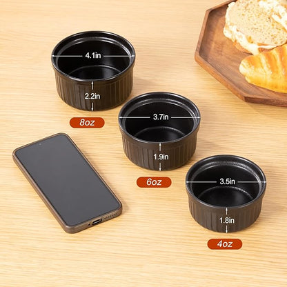 Yachi Ramekins Black, 4 oz 6 Pieces Ceramic Baking Ramekin Set of 6 Stoneware Bakeware Serving for Sauces Dipping Onion Soup Lava Cake Flan Creme Brulee Kit Pudding Mini Custard Ramekins Oven Safe Mini Custard Cups small Bowls for Souffle Merry Christmas