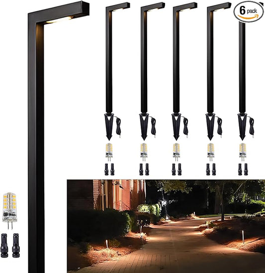 Gardenreet Outdoor Pathway Lights Brass, LED Landscape Path Lights, Low Voltage Driveway Lights Waterproof, L Shape 12V Wired Black for Walkway Sidewalk with 3W 270LM 2700K G4 Bulb 6 Pack