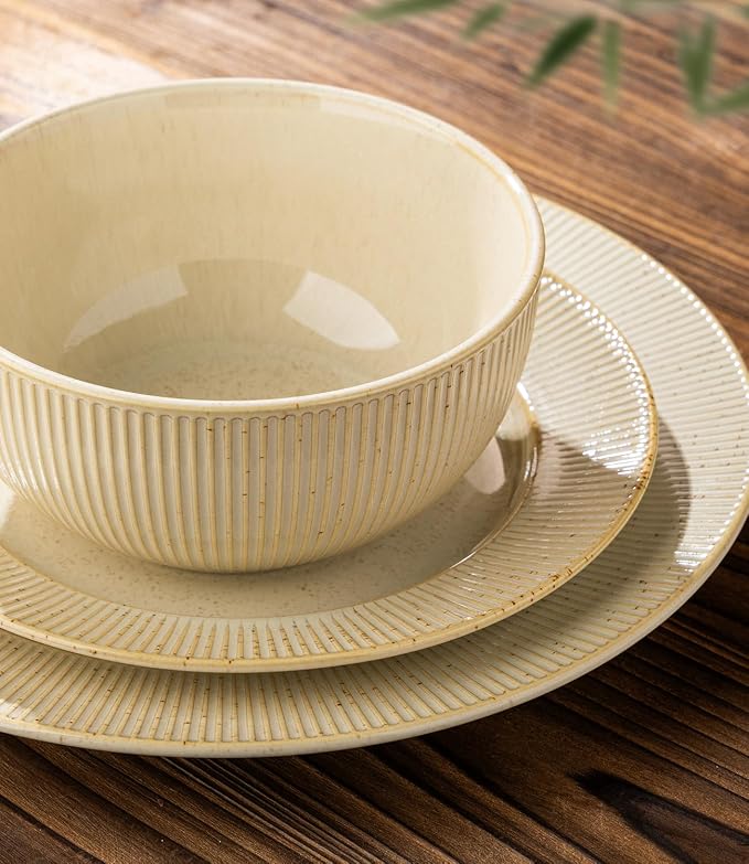 TheTerra Ceramic Dinnerware Set for 4, 12-Piece Plates and Bowls Set | Lightweight Porcelain Dish Set, Scratch Resistant, Oven & Microwave & Dishwasher Safe, Cream Latte