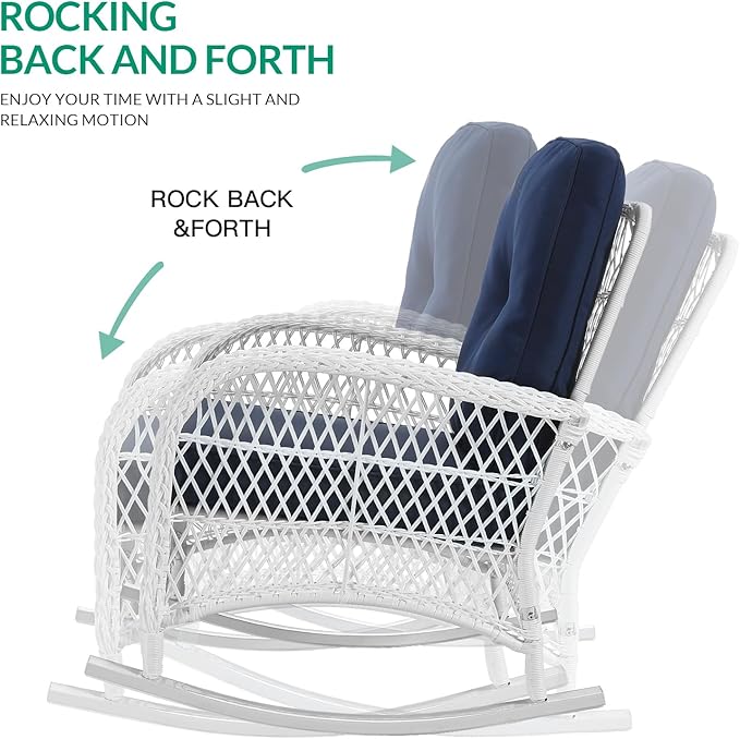 VIVIJASON 2 Piece Patio Wicker Rattan Rocker Chair, Outdoor Rattan Rocker Chair with Cushions & Steel Frame, All-Weather Rocking Lawn Wicker Furniture for Garden Backyard Porch (White/Navy Blue)