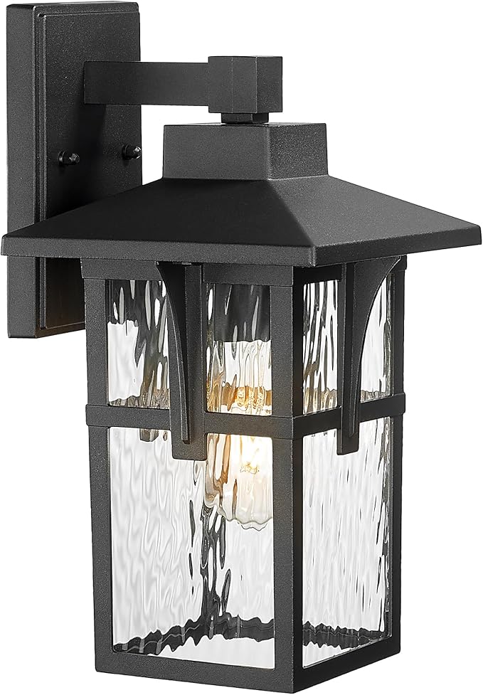 HWH INVESTMENT Outdoor Wall Lights, HWW Exterior Wall Lantern with Water Ripple Glass, Waterproof Porch Light Fixtures for Patio, Hallway, Matte Black, HX1B-SW BK (Large)