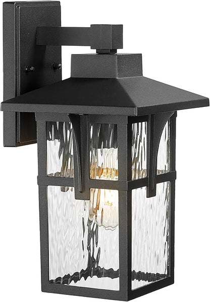 HWH INVESTMENT Outdoor Wall Lights, HWW Exterior Wall Lantern with Water Ripple Glass, Waterproof Porch Light Fixtures for Patio, Hallway, Matte Black, HX1B-SW BK (Large)