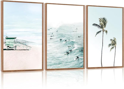 CHDITB Coastal Beach Framed Canvas Wall Art Set of 3, Ocean Surfing Wall Decor, Tropical Palm Tree Artwork, Nautical Poster, Modern Waves Surfing Painting for Living Room, Bedroom, Office 16"x24"