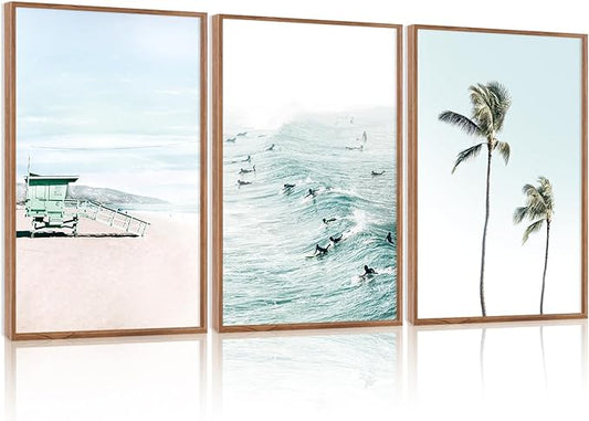 CHDITB Coastal Beach Framed Canvas Wall Art Set of 3, Ocean Surfing Wall Decor, Tropical Palm Tree Artwork, Nautical Poster, Modern Waves Surfing Painting for Living Room, Bedroom, Office 16"x24"