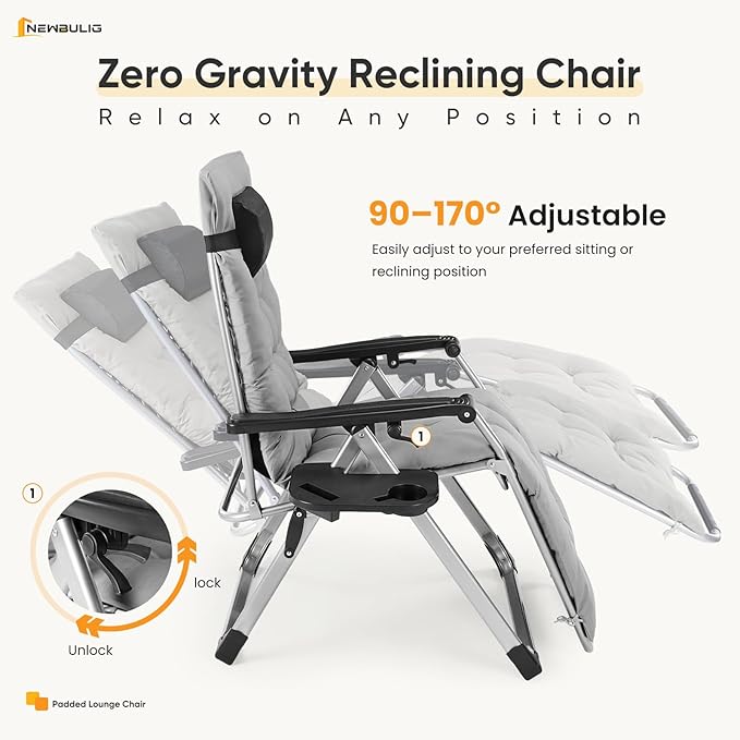 NEWBULIG Set of 2 Zero Gravity Chair, Folding Patio Recliner with Removable Cushion & Cup Holder Trays, Portable Lounge Chair for Beach & Camping, Classic Gray
