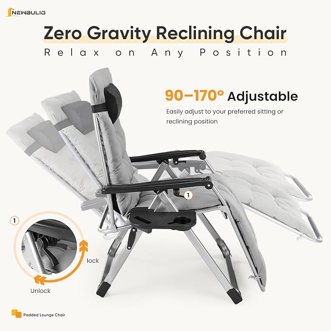 NEWBULIG Zero Gravity Chair, Folding Patio Recliner with Removable Cushion & Cup Holder Trays, Portable Lounge Chair for Beach & Camping, Classic Grey