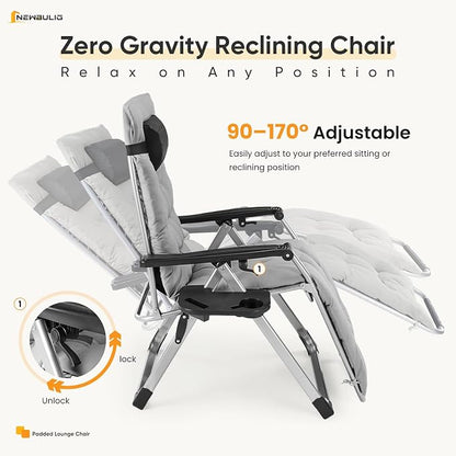 NEWBULIG Zero Gravity Chair, Folding Patio Recliner with Removable Cushion & Cup Holder Trays, Portable Lounge Chair for Beach & Camping, Classic Grey