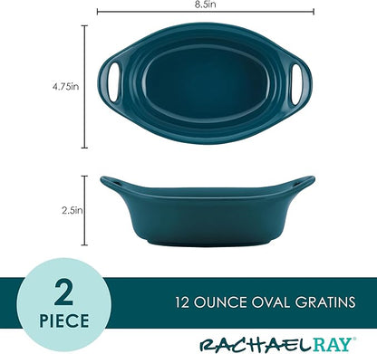 Rachael Ray Solid Glaze Ceramics Au Gratin Bakeware / Baker Set, Oval - 2 Piece, Teal