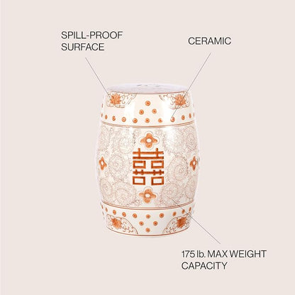 JONATHAN Y Double Happiness 18" Ceramic Garden Stool, Traditional Chinoiserie Orange and White Indoor/Outdoor Patio Drum Accent Side Table and Plant Stand TBL1013D