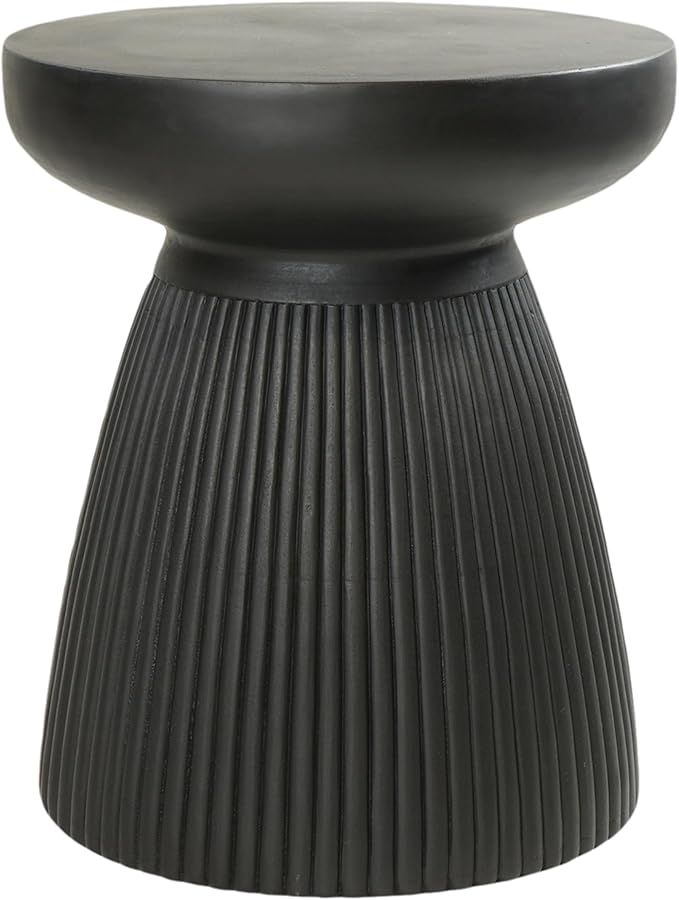 Christopher Knight Home Round Side Table, Outdoor Concrete End Table, Vertical Texture Accent Table, Decorative Side Table, Stylish End Table for Patio Balcony Beach Pool Side, Matte Black