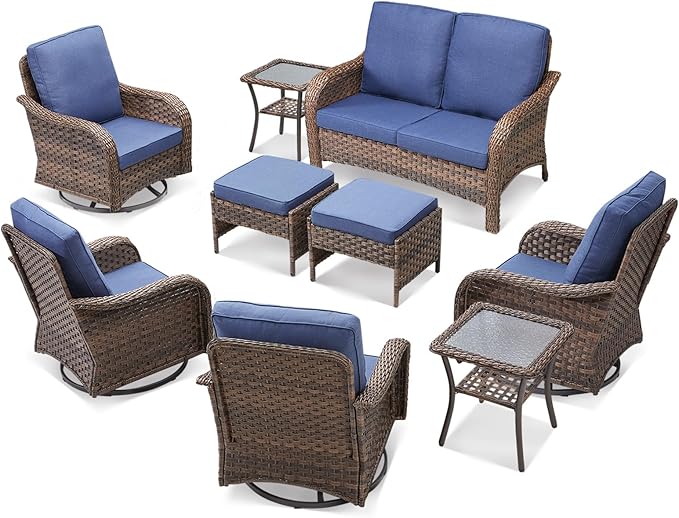 Outdoor Patio Furniture Set, 9 Pieces Outdoor Wicker Sofa with Swivel Patio Chairs, Glass Side Table, Ottomans, All Weather High Back Rattan Loveseat Couch with Comfy Cushions, Brown/Blue