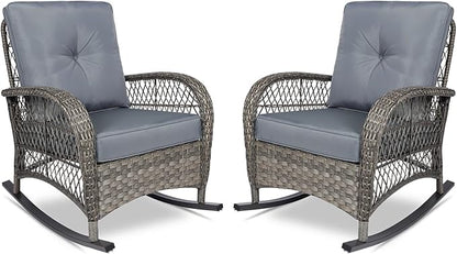 VIVIJASON 2 Piece Patio Wicker Rattan Rocker Chair, Outdoor Rattan Rocker Chair with Cushions & Steel Frame, All-Weather Rocking Lawn Wicker Furniture for Garden Backyard Porch (Grey)