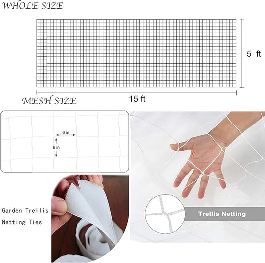 BaseGoal All-Weather Trellis Netting Mesh Plant Garden Vine Growing Flexible String Net (6" Mesh ployester, 5' Wx 15'L)
