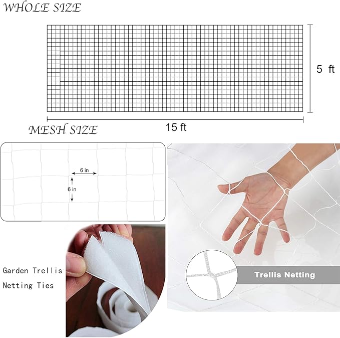 BaseGoal All-Weather Trellis Netting Mesh Plant Garden Vine Growing Flexible String Net (6" Mesh 5' x 15'-2Pack)