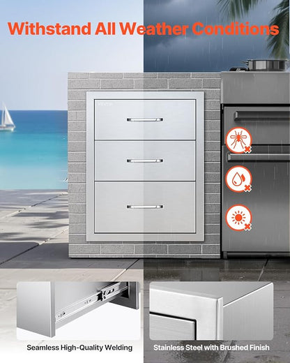 VEVOR Outdoor Kitchen Drawers 18.11" W x 23.23" D x 23.23" H, Triple-Access Stainless Steel Modular Drawer Cabinet with Handles, BBQ Island Drawer for Outdoor Kitchen or BBQ Island Patio Grill Station