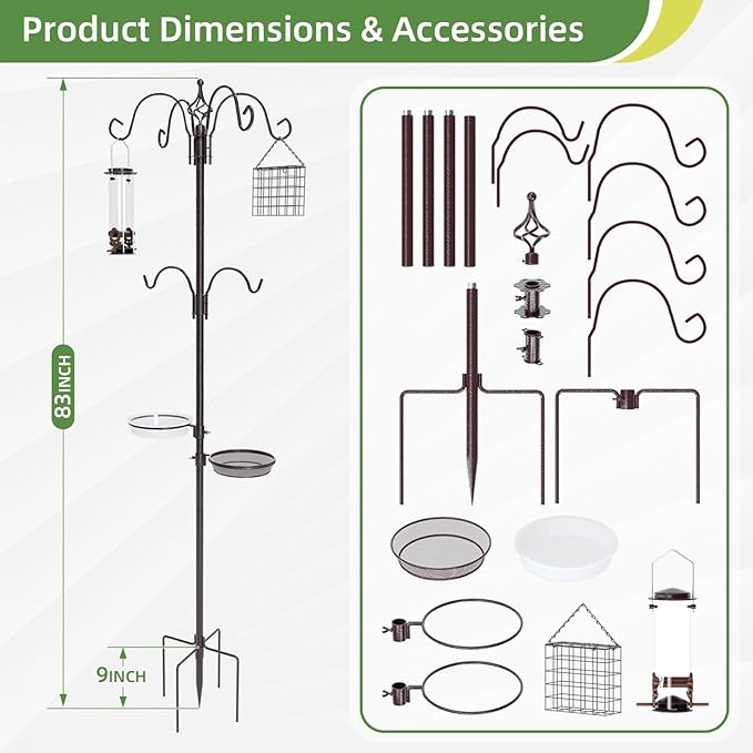 83" Bird Feeding Station Kit with Multiple Hooks, Heavy Duty Metal Bird Feeding Station with Seed Tray & Mesh Basket, Easy Assembly Ground Mounted Bird Feeder Pole for Garden Yard Outdoor