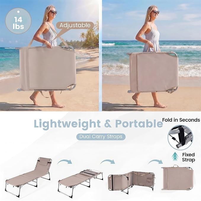 Giantex 2-Pack Tanning Chair with 5 Adjustable Position, Face & Arm Hole, Hand/Shoulder Strap, Removable Pillow, Side Pocket, 330 Lbs Capacity, Lounge Chair Outdoor for Beach Sunbathing, Beige