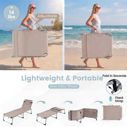 Giantex 2-Pack Tanning Chair with 5 Adjustable Position, Face & Arm Hole, Hand/Shoulder Strap, Removable Pillow, Side Pocket, 330 Lbs Capacity, Lounge Chair Outdoor for Beach Sunbathing, Beige