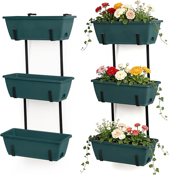 OYEAL Window Boxes Planters with Adjustable Brackets Set of 2 Fence Planters, Over the Deck Railing Planter Box with 6 Pack Hanging Plastic Flower Pots, Drainage Holes for Indoor Outdoor, Green
