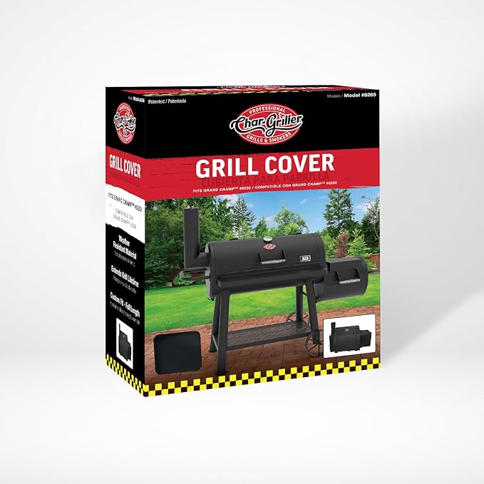 Char-Griller® Grand Champ™ Grill Cover, Shields and Protects from Moisture, Wind, Sand, Birds and Dirt, PVC and Polyester Blend, Black, Designed to Fit Model # 8250.