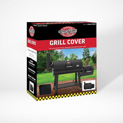 Char-Griller® Grand Champ™ Grill Cover, Shields and Protects from Moisture, Wind, Sand, Birds and Dirt, PVC and Polyester Blend, Black, Designed to Fit Model # 8250.