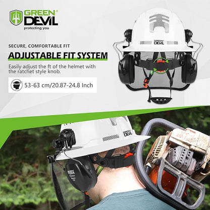 GREEN DEVIL Industrial Chainsaw Helmet with Face Shield Built in Visor and Ear Muffs 4 in 1 System ANSI Z89.1 Safety Hard Hat Adjustable Headgear Ideal for Forestry and Arborist Work Full Brim Style