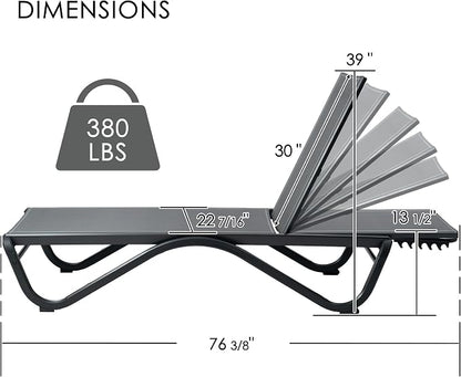 Kozyard Outdoor Chaise Lounge Chair, All Aluminum Frame and Textilene Fabric, Fully Flat Adjustable Reclining Patio Lounger for Poolside, Sunbathing & Backyard (Gray, 2Chairs)