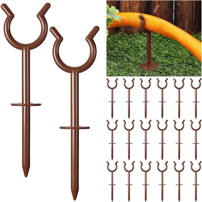 Taiyin 20 Pcs 3/4'' Garden Hose Holder Brackets Garden Guide Holder Decorative Outdoor Guide Stakes Support Spike Plant Tool to Keep off Lawn for Yard (Brown)