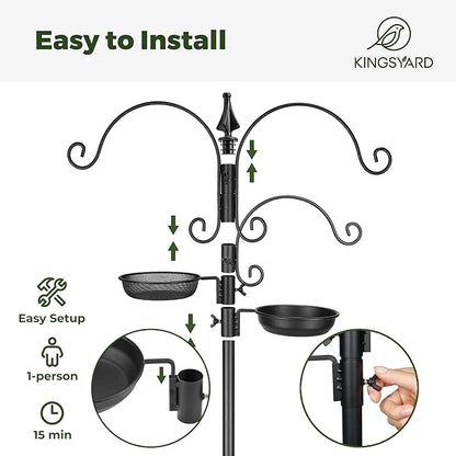 Kingsyard Bird Feeding Station Kit - 85 Inch Bird Feeder Pole with 5-Prong Base, Bird Feeder Stand for Outdoors Hanging Bird Feeders, Upgraded in Stability, Black
