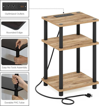 Furinno JUST Side Table Set of 2, 3-Tier Modern End Table with Charging Station, Open Shelf Night Stand, Bedside Table with USB and Type-C Port, for Living Room, Bedroom, Flagstaff Oak