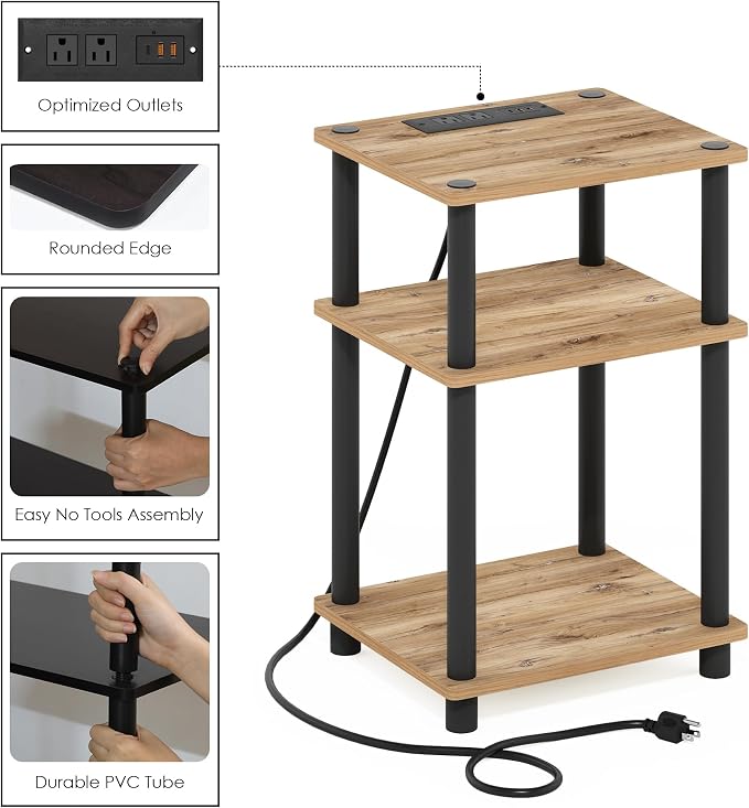 Furinno Just 3-Tier Turn-N-Tube USB and Type-C Charging Port End Table with Open Storage, 11.42 (W) x 8.82 (H) x 6.77 (D) inches, Flagstaff Oak/Black