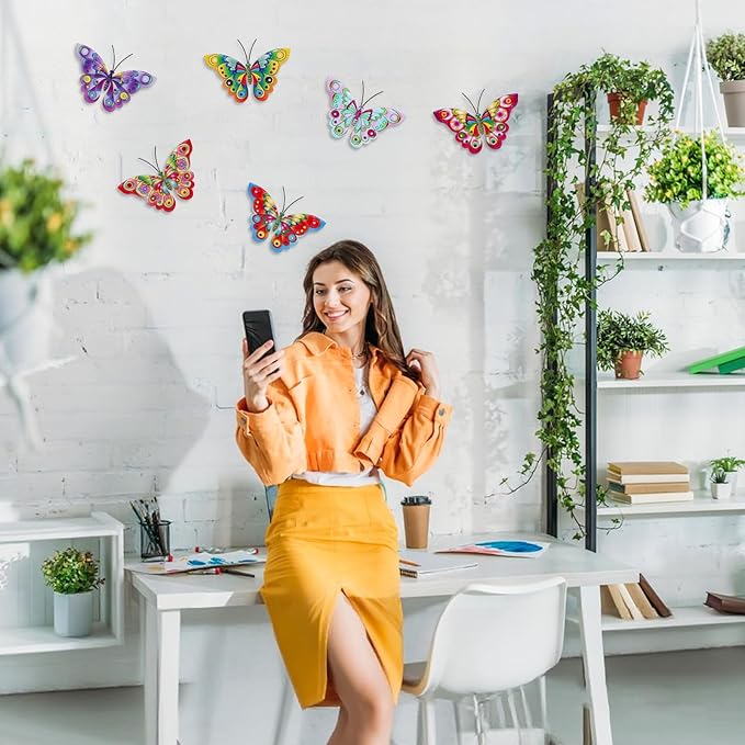 YOADEHOA 6Pcs Metal Butterfly Wall Decor, 3D Colorful Outdoor Fence Wall Art Decor, Hanging Wall Art Decoration for Garden Yard Living Room Bedroom Patio Balcon(Butterfly A)