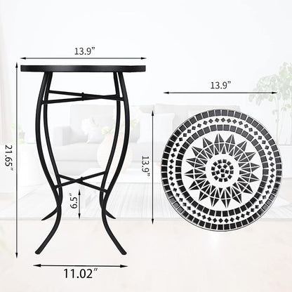 VCUTEKA Mosaic Outdoor Side Table, 14" Round Small Patio Accent Table Indoor End Table for Yard, Garden, Living Room, Bistro Balcony or Lawn Black