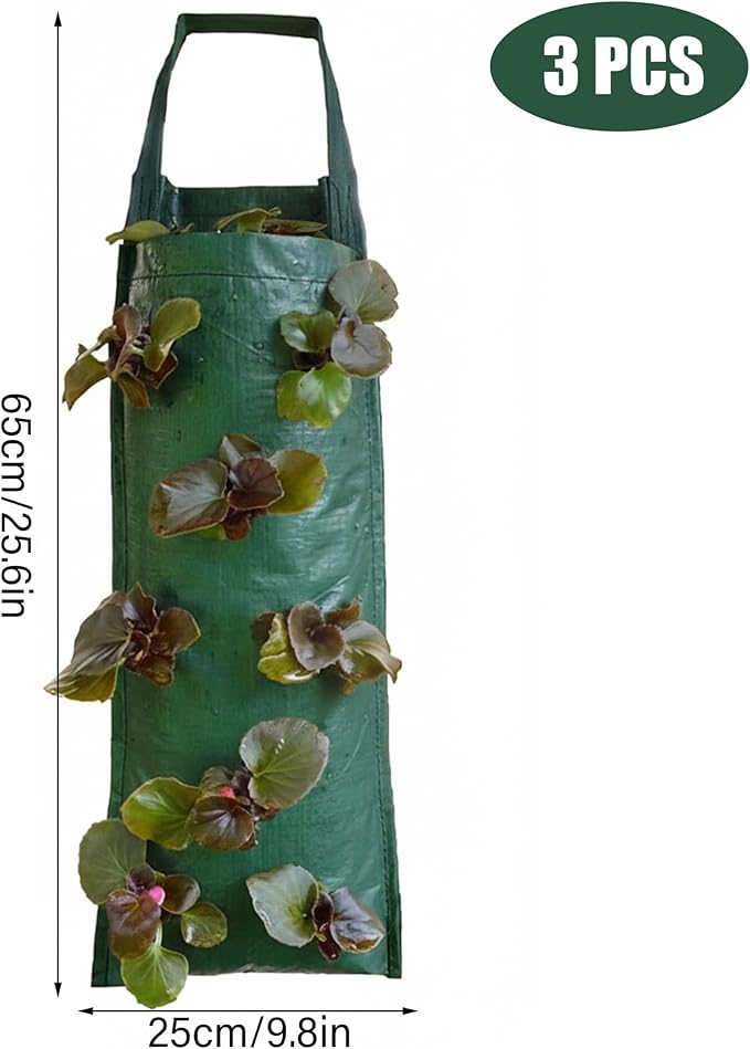 Strawberry Tower, 3 Pack Strawberry Hanging Planter, 8-Pocket Pe Grow Bags, Vertical Upside Down Planter for Indoor Outdoor Balcony Wall Gardening
