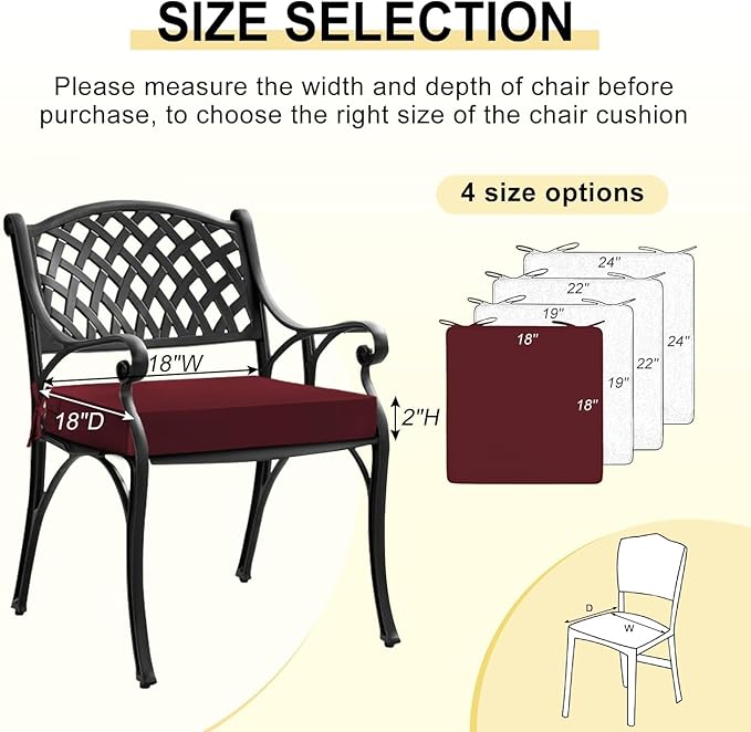 downluxe Waterproof Outdoor Chair Cushions for Patio Furniture, 18" x 18" x 2" Patio Chair Cushion with Adjustable Ties & Portable Handle, Square Outdoor Cushion with Removable Cover, Burgundy, 2 Pack