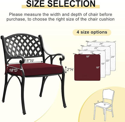 downluxe Waterproof Outdoor Chair Cushions for Patio Furniture, 18" x 18" x 2" Patio Chair Cushion with Adjustable Ties & Portable Handle, Square Outdoor Cushion with Removable Cover, Burgundy, 2 Pack